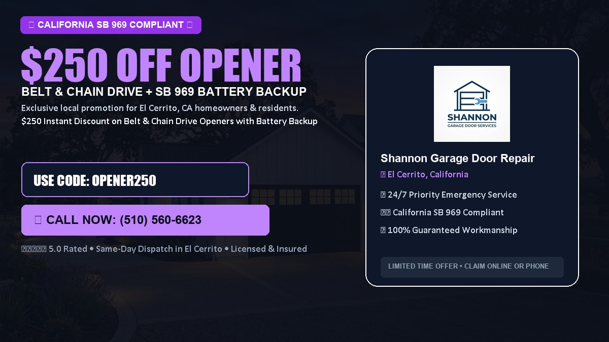 $250 OFF Smart Garage Door Opener Installation (Belt & Chain Drive with California SB 969 Battery Backup) in El Cerrito, CA