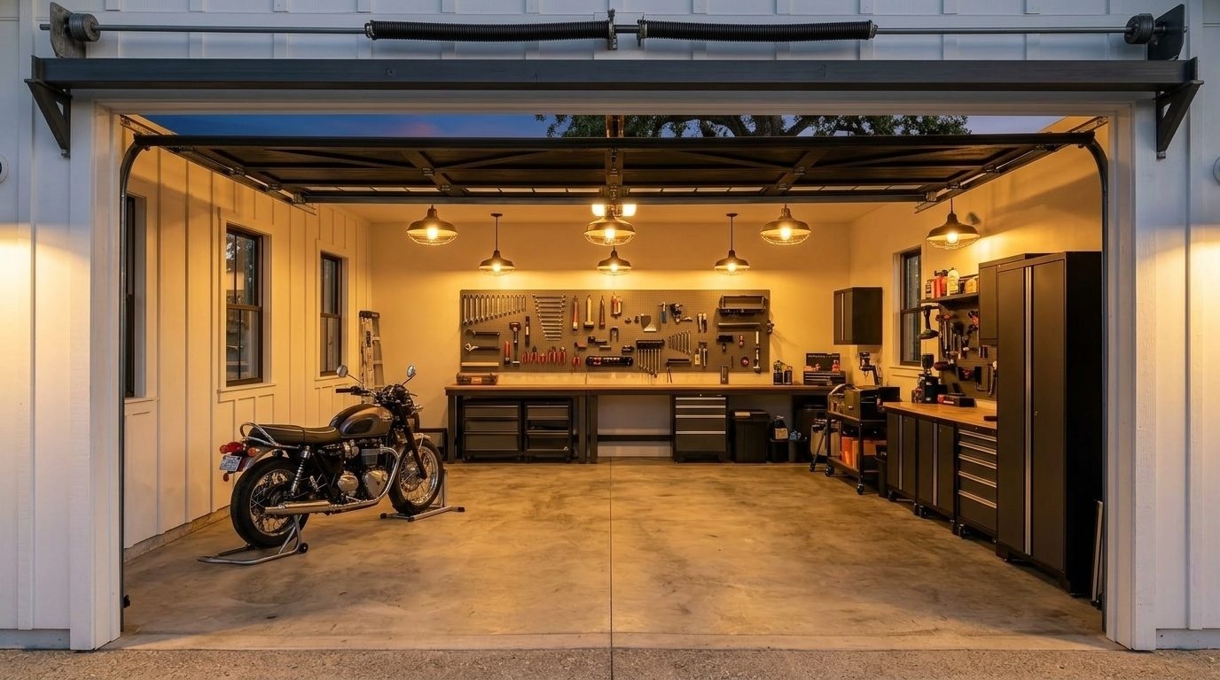 Shannon Garage Door Repair Interior View of Custom Garage Door Overhead and Workshop